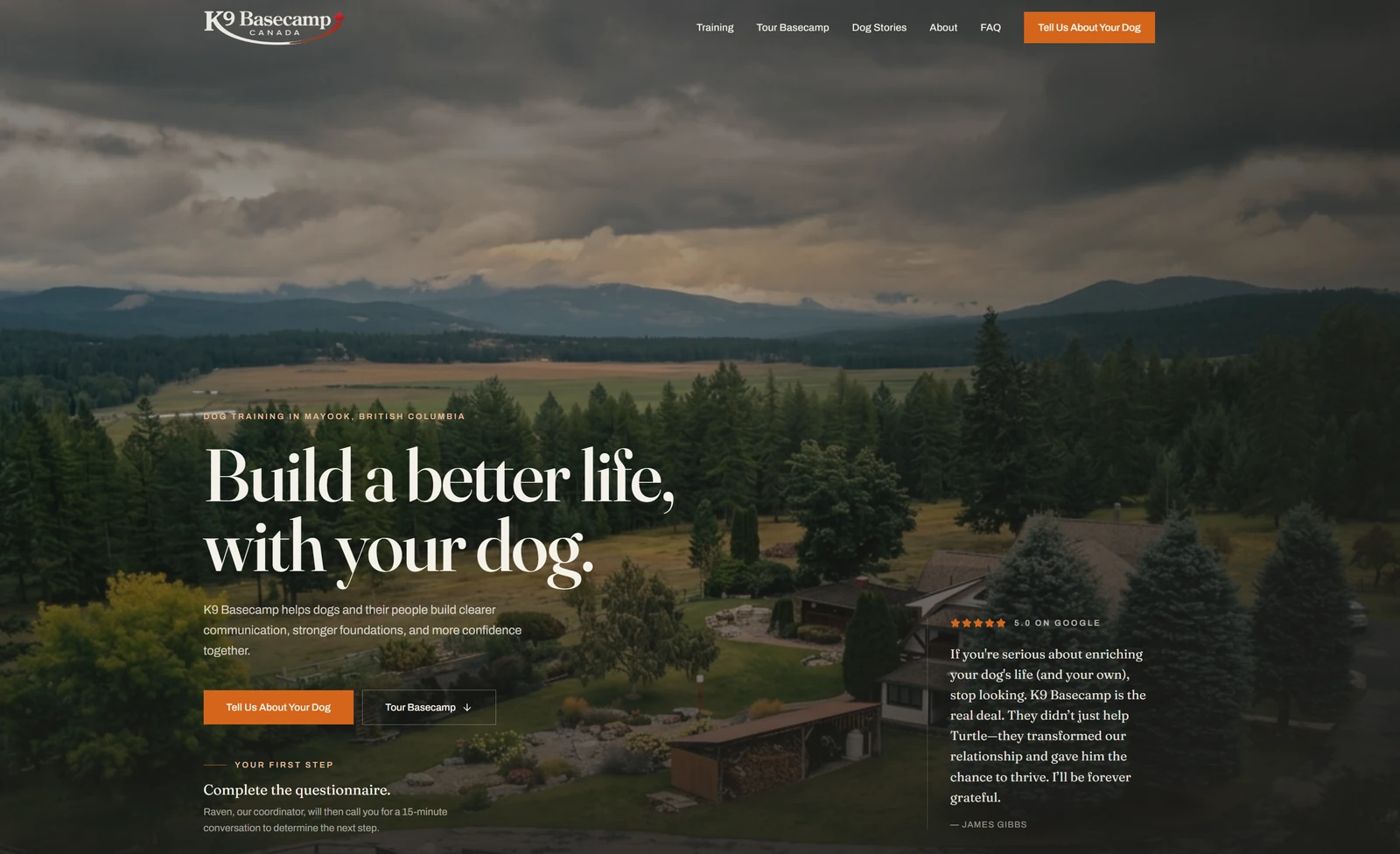 K9 Basecamp demo hero with landscape photography and its customer review